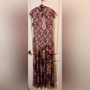 Elegant Multicolor Asian collar deep v monarch butterfly print cap sleeve dress